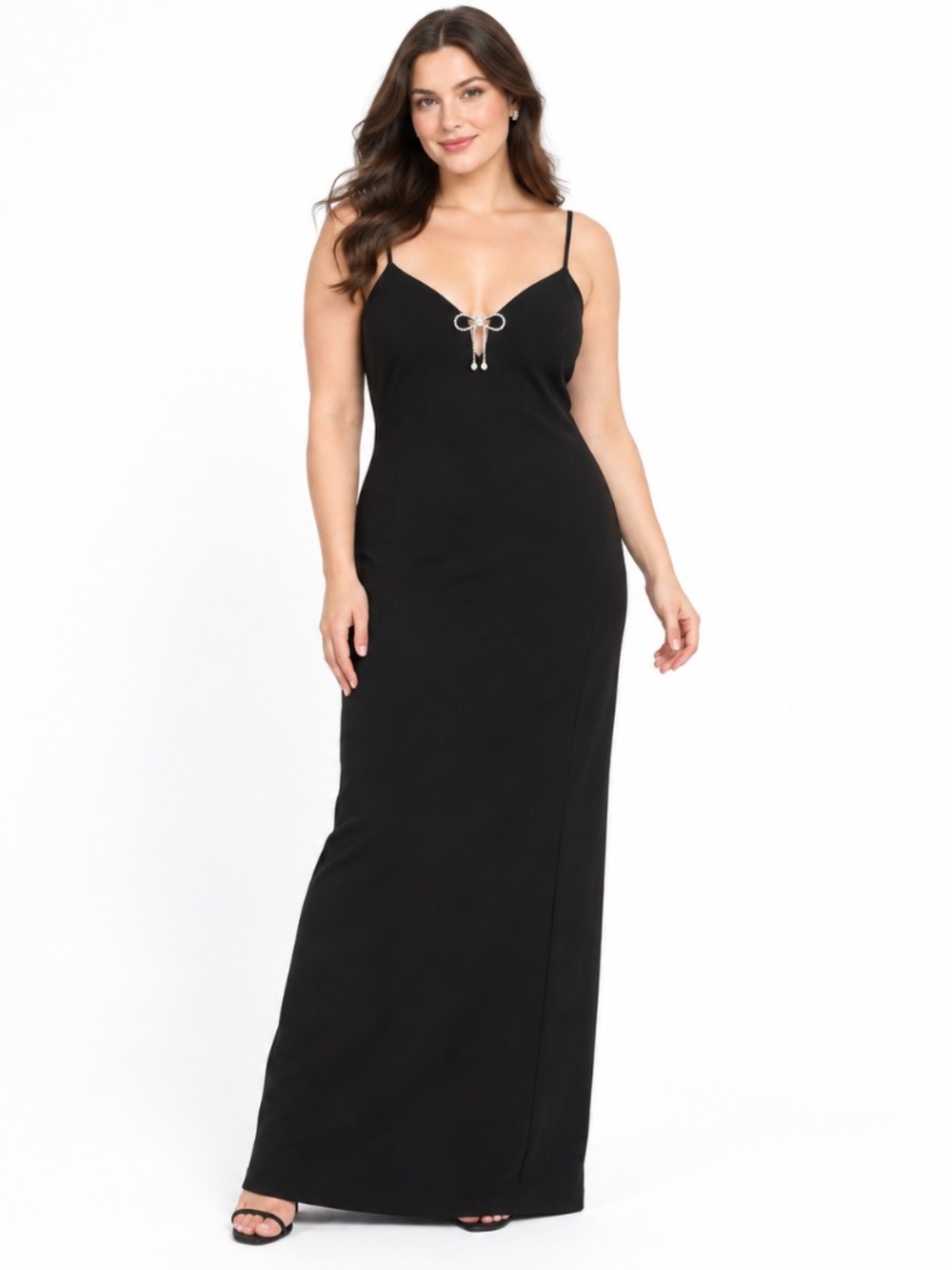Adrianna Papell - Black Rhinestone Bow Knit Column Gown